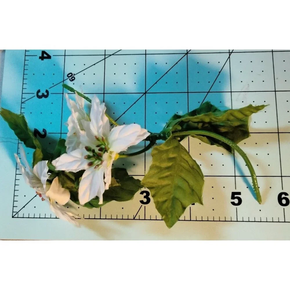 Artificial White Poinsettia Flower Stem Green Leaves Vintage Floral Craft